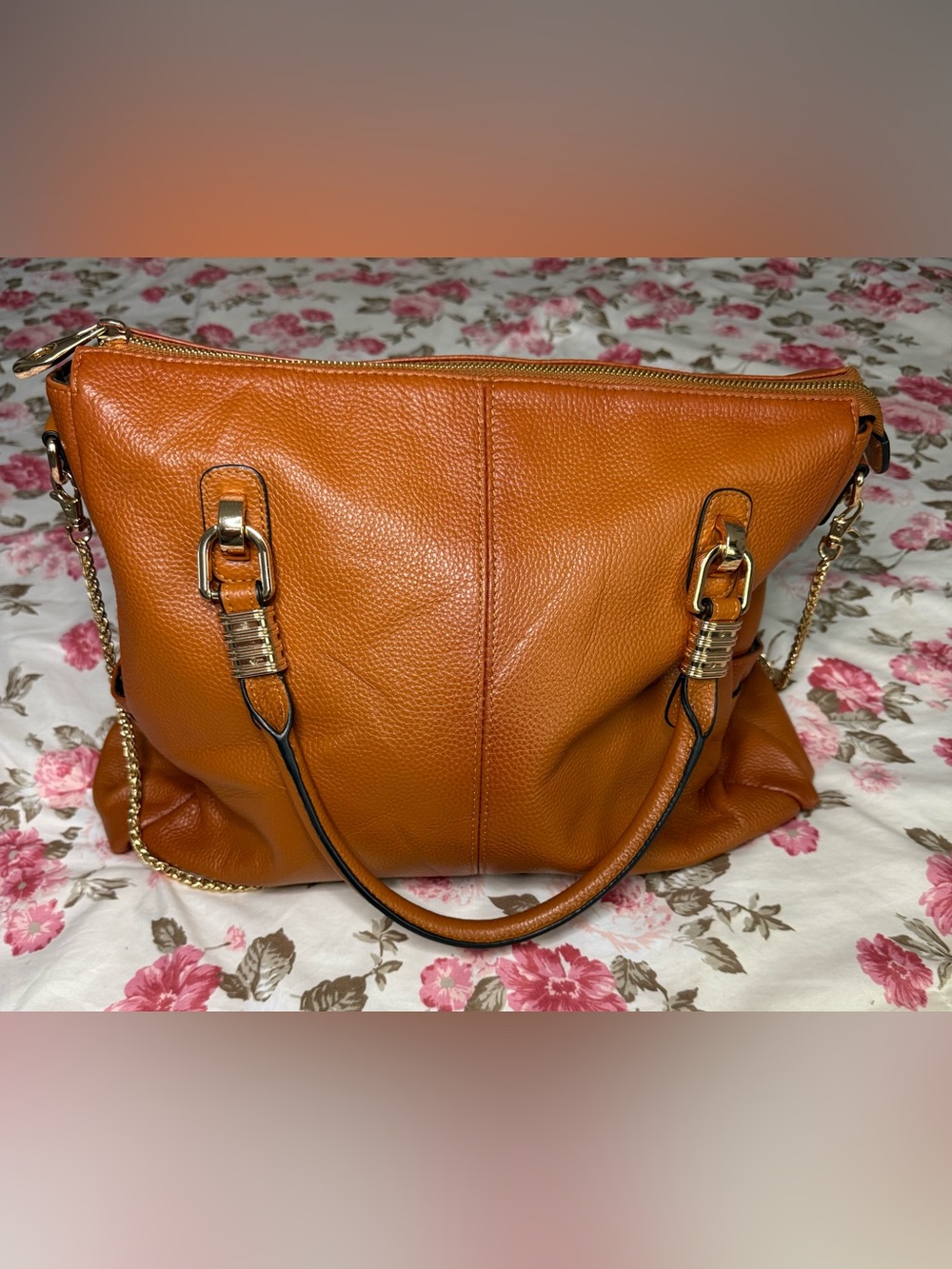Kattee Elegant Pebbled Leather Tote Bag in Cognac NWOT